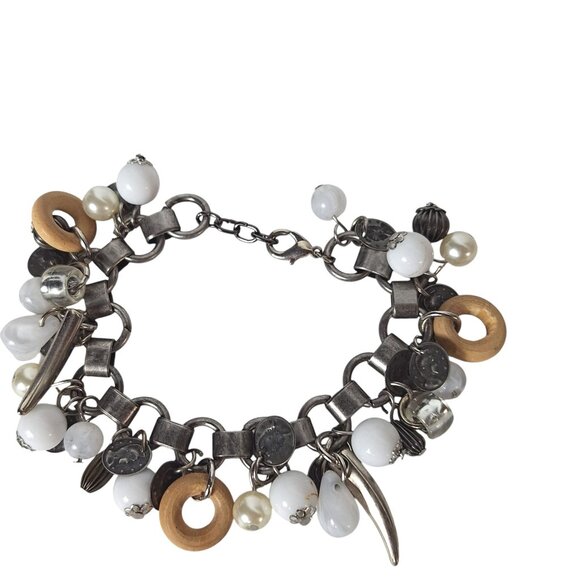 Vintage Charm Bracelet Mixed Material Wood Metal Faux Pearls Eclectic Boho Style - Picture 1 of 5
